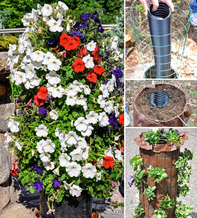 Make a flower tower with wire fencing and a plastic pipe