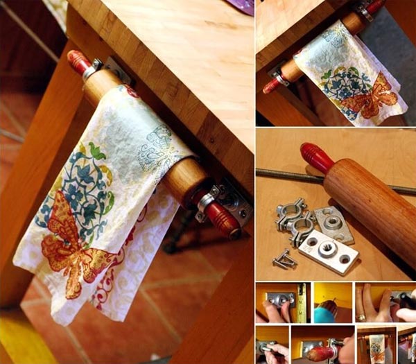 rolling pin on kitchen island for towel storage
