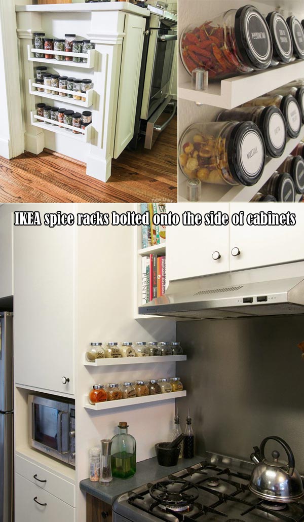IKEA spice racks bolted onto the side of cabinets