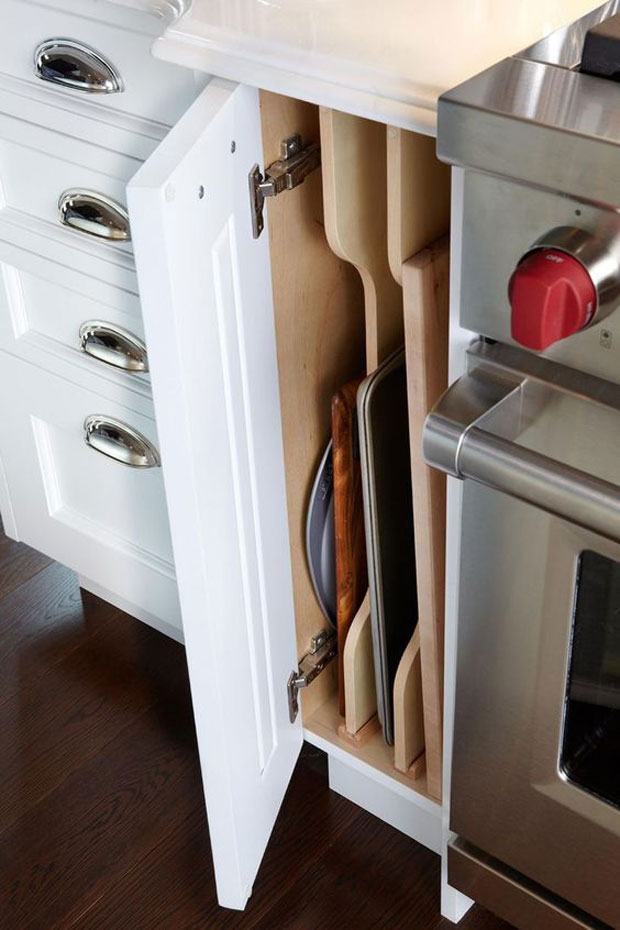 How to organize long and narrow kitchen cabinets